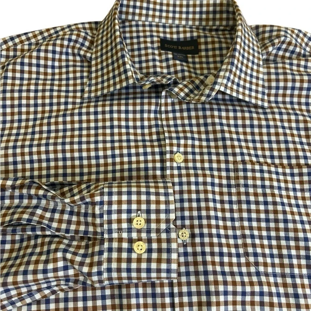 SCOTT‎ BARBER Men's Cotton Gingham Check Shirt Brown Navy Blue White XXL